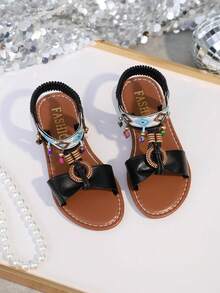 1双儿童波西米亚风套脚弹力带PU防滑耐穿可爱休闲平底鞋，适合送礼、上学、海滩、露营、春季郊游，2026新款 - 黑色 - 查看 3