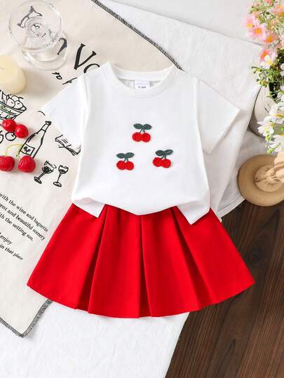 Conjunto de 2 piezas de niña pequeña: Camiseta de manga corta blanca de estilo elegante escolar + Falda roja, Primavera/Verano