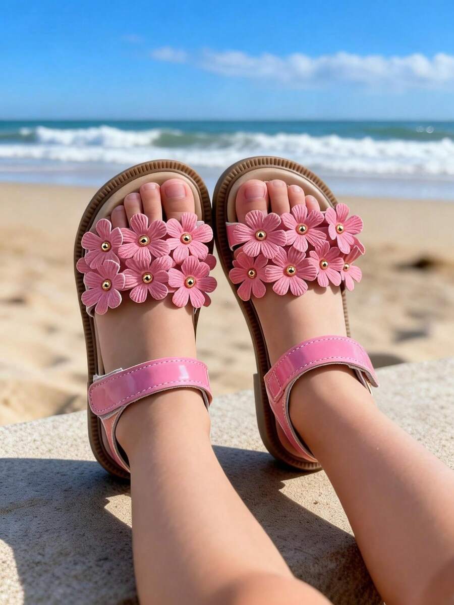 1 Pair Girls' Sweet 3D Floral Decor Sandals, Made Of Soft Leather And Patent Material, Non-Slip, Open Toe Flat, Suitable For Summer Beach Outings, Weekend Beach Picnics, And Daily Wear - Hot Pink - View 1