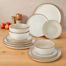 12pcs Modern Stoneware Dinnerware Set Suitable for 4 - Microwave/Dishwasher/ Plates & Bowls with Edges, Stackable Round Plates and Bowls, Service for 4 for Dinner Parties, Daily Use, Holiday Table Settings - Verschiedene - Übersicht 2