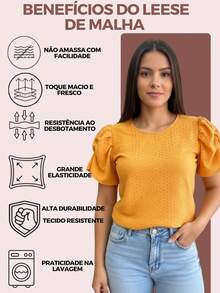 Plus Size Blouse In Textured Knit Fabric With Elasticated Princess Sleeves, Lightweight And Comfortable Fit, Body-Flattering Design. - 芥末黃 - 查看 8