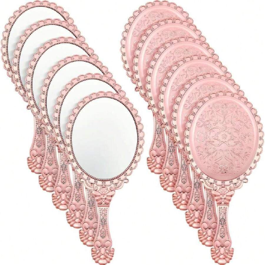 12 Pcs Vintage Handheld Mirror With Handle, 9.8" L X 4.5" W Rose Gold Embossed Portable Small Mirrors Bulk For Princess Party Favors, Birthday Gifts, Classroom Rewards & Daily Travel Use,39798315 - 玫瑰金 - 查看 1