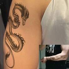 大型3D中国龙图腾临时纹身贴纸 - 防水可移除身体贴纸 - 黑色 - 查看 2