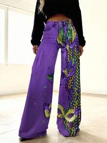 Women'S Imitation Purple Green Golden Mardi Gras Masks Beads Confetti Jeans |   Autumn And Winter, Long Length, Button Fly Closure, No Stretch, Western Loose  Style, Mid-Waist, Sexy Pattern - 彩色 - 查看 1