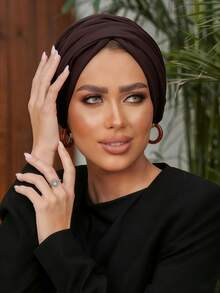 1pc Women's Classic Solid Color Chemo Turban Hat, High Elasticity & Pleated Design, Non-Slip & Breathable, Multi-Layer Pleated Headscarf, Perfect For Hijab, Soft & Skin-Friendly Modal Knitted Fabric, Suitable For Daily Wear - Coffee Brown - View 5