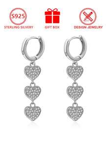 1pc 925 Sterling Silver Triple-Layer Cubic Zirconia Heart Pendant Earrings (Triple Heart Design), Gift Box, Suitable For Daily Wear And Valentine's Day Gift - Silver - View 2