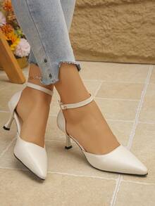 法式尖头绑带高跟鞋，新款细跟镂空高跟鞋，百搭派对优雅白色女鞋 - 米色 - 查看 3