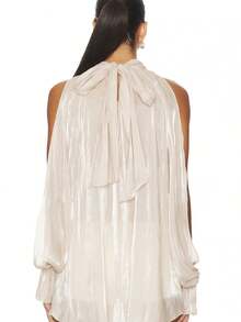 Women Halter Tank Tops High Neck Smocked Long Sleeve Ruched Sequined Blouse Shirt For Party Holiday - Rượu sâm banh - Xem 4