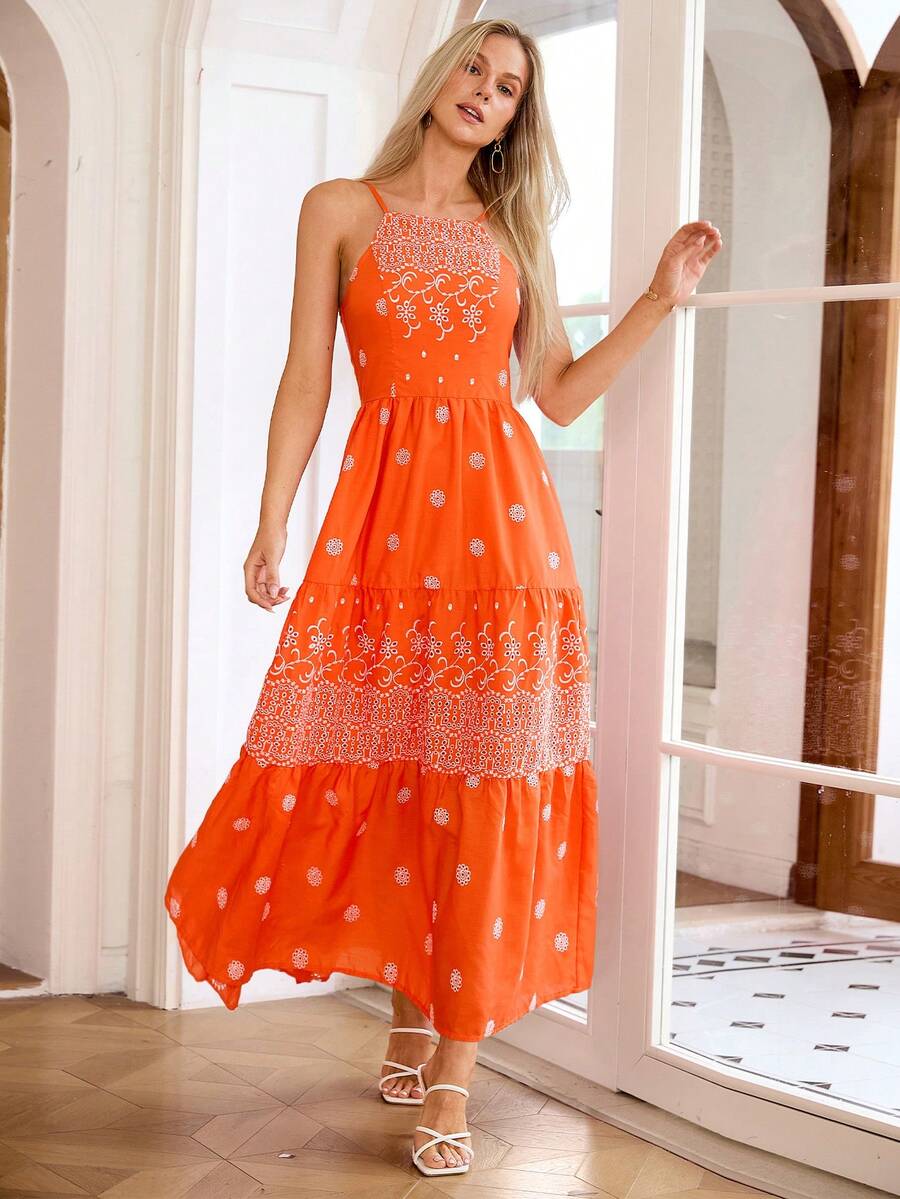 Simplee Đầm dài mùa hè kiểu dáng đi biển mới dành cho nữ, thêu laser cắt laser, xếp tầng ở eo, cổ yếm, thích hợp cho tiệc tùng. - trái cam - Xem 1