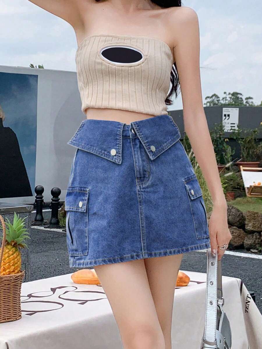 女士夏季休闲束口腰带工装口袋牛仔迷你裙 - 深色水洗藍 - 查看 1