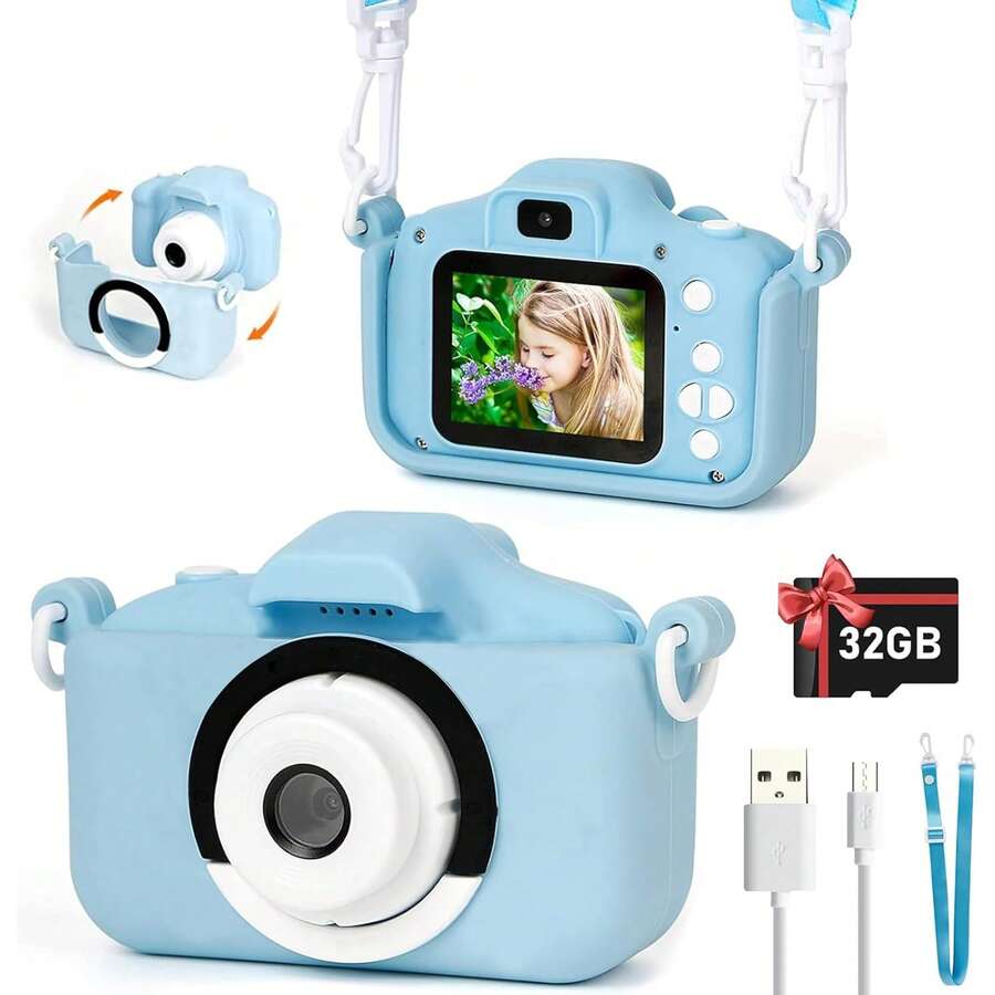 Children's Camera, Mini Camera For Children, Mini Digital Video And Photo Selfie Camera With 2.0 IPS HD Screen With 32G Memory Cards - Blue - View 1