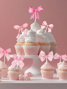 16pcs/Set Pink Bow Cake Topper, Pink Bow Party Cake Decoration Supplies,Pink Bow Cake Insert,Birthday Cake Decor, Baby Shower Party Supplies,Wedding Party Dessert Decor, Baking Decor Supplies,Ice Cream Decoration,Dining Table Decor,Pink Bow Birthday Party Decor, Birthday Gift Party Favor - Bow - View 4