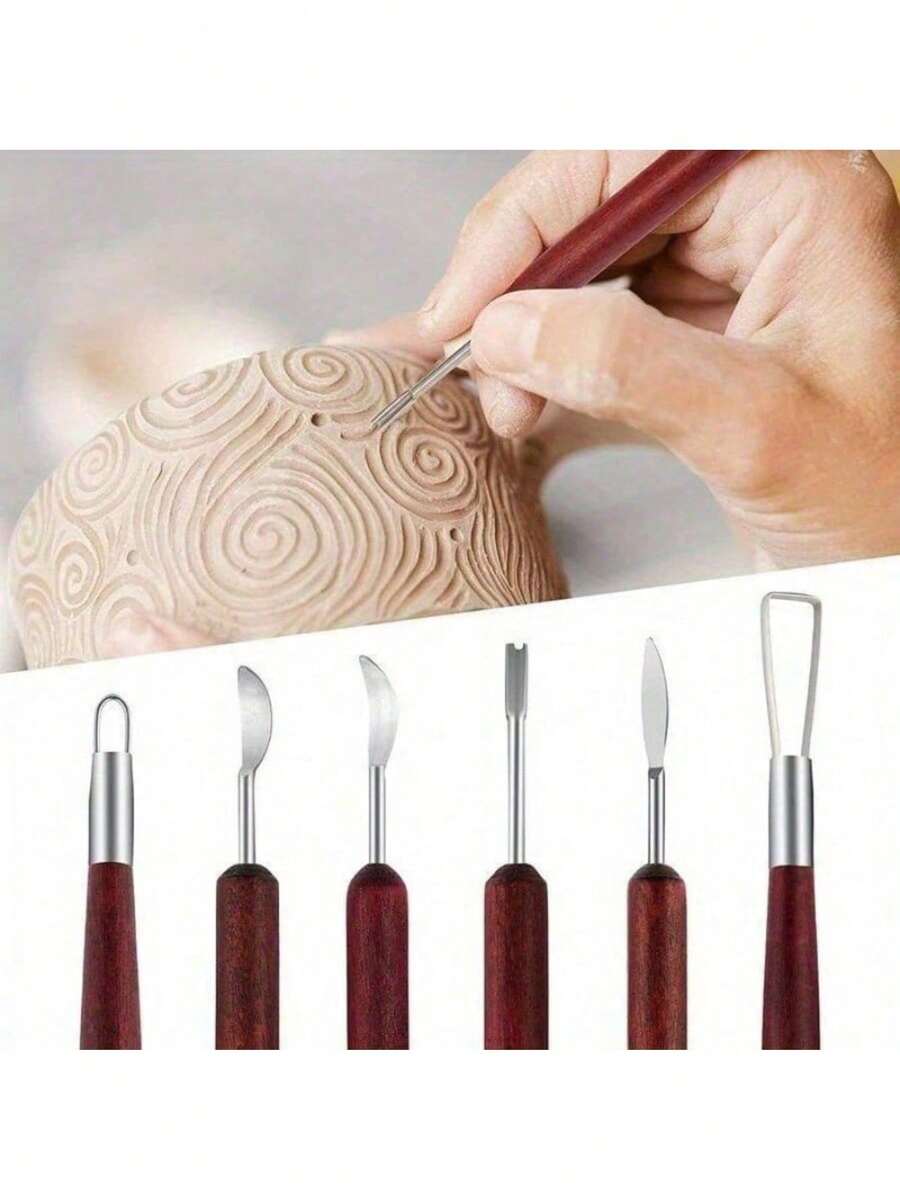 DIY Pottery Clay Tools Wooden Handle Pottery Carving Tool 6pcs/Set For Pottery Sculpture Ceramic Clay Trimming Cutting Kit Craftsman Tool - Multicolor - View 1