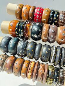 10/7/5/3/1件（小号）随机颜色朋克风银色铆钉树脂木质手镯，不对称树脂石星星手镯 - 彩色 - 查看 3