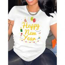 Women's "Happy New Year" Festive Black T-Shirt - Casual & Sporty Round Neck Short Sleeve, Comfortable Polyester Blend, Machine Washable, Perfect for Holiday Celebrations, Best for Christmas - Blanc - Voir 1