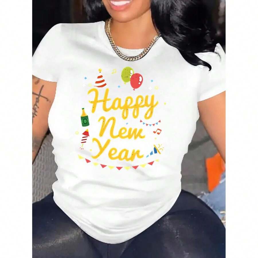Women's "Happy New Year" Festive Black T-Shirt - Casual & Sporty Round Neck Short Sleeve, Comfortable Polyester Blend, Machine Washable, Perfect for Holiday Celebrations, Best for Christmas - Blanc - Voir 1