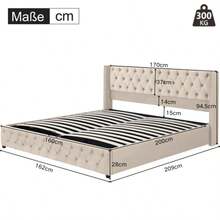Upholstered Bed, Wing-Shaped, Double Row Of Studs, Velvet, Topstitching At The Head And Foot, Double Bed 160 X 200 Cm, Hydraulic Functional Bed, Slatted Base Covered In Black Non-Woven Stain-Resistant Fabric, Beige - Beige - View 11