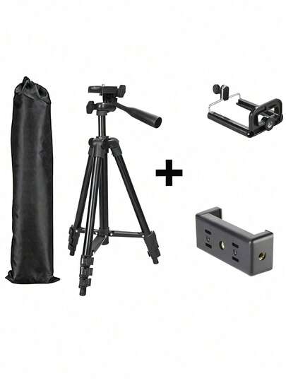 1个便携式铝合金可伸缩三脚架 - 通用支架，适用于单反相机（佳能/尼康）和所有智能手机，轻便三脚架，适用于摄影、自拍、直播、视频录制