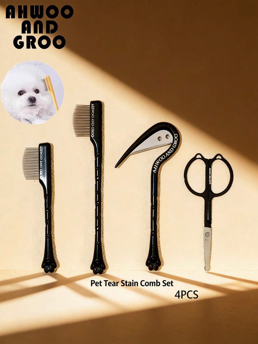 1/3/4 件套宠物毛发护理工具套装,ABS 材质,可去除毛发上的泪痕,梳理打结的毛发,猫爪梳,狗毛修复剪刀,适用于小型、中型和大型宠物的专业美容用品,家庭沙龙必备套装 - 彩色 - 查看 1