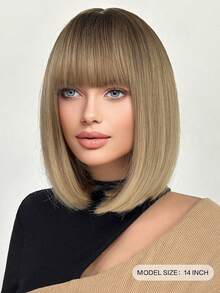 Women'S Basic Bob With Bangs, White Ombre Synthetic Wig, Matte Finish, High-Temperature Fiber, Rose Net Cap, Natural Look - Multicolor - View 5