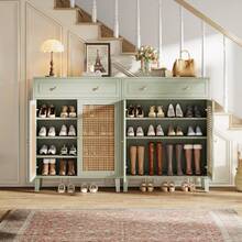 Tribesigns Shoe Cabinet With Doors And Drawer, 6 Tier Modern Boho Shoe Organizer Storage Cabinet With Adjustable Shelf, Rattan Tall Shoe Rack Cabinet For Entryway, Living Room, Mint Green - Mint Green - View 11