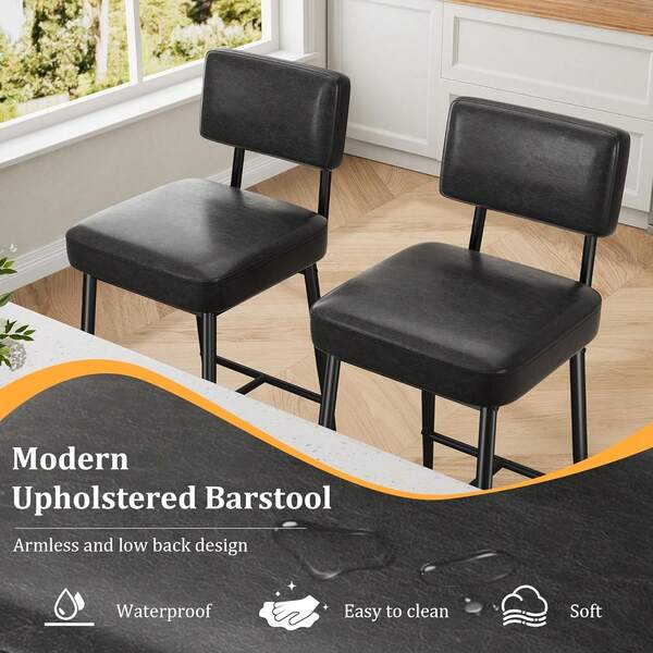 Belect Set Of 2 26-Inch Faux Leather Bar Stools With Backrest, Metal Legs, Modern Upholstered Chairs For Island, Counter, Kitchen, Black