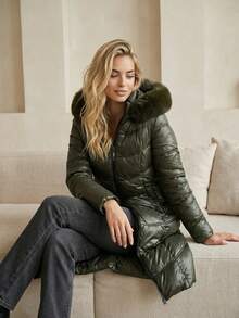 Áo khoác hoodie nữ công sở phối lông giả, kiểu dáng thường ngày, có khóa kéo và túi, thích hợp cho mùa đông. - xanh quân đội - Xem 6