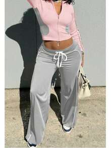 女士撞色连帽拉链上衣和抽绳休闲家居裤套装 - 粉色 - 查看 3