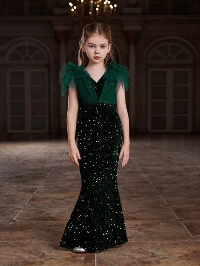  ALISA&LEO Elegant Sequin Mermaid Dress, Featuring Sheer Shoulder Details, Suitable For Young Girls - Shimmering Party Dress, Fitted Bodice With Flared Skirt, Ideal For Formal Weddings, Festivals, Birthday Celebrations And More