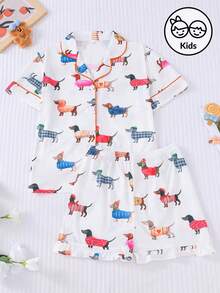 女童短袖睡衣套装，夏季轻薄新款抽象可爱小狗印花Polo领开衫和松紧腰宽松短裤，柔软透气，居家休闲两件套。 - 白色 - 查看 11