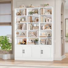 209cm Bookcase Tall Bookshelf With Doors 7-Tier Living Room Bookcase And Shelving Unit Free Standing Display Rack With 15 Open Compartments 209x150x23.7cm White - White - View 8