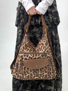 Túi đeo vai nữ phong cách Y2K họa tiết da báo, túi đeo chéo nhiều ngăn dung tích lớn, túi đa năng có thể chuyển đổi thành ba lô. - màu nâu - Xem 6