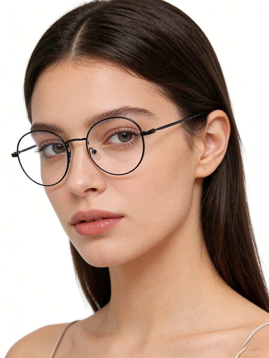 1pc Women's Casual Retro Round Black Flat Lens Glasses, Suitable For Daily Wear And Street Style - Black - View 1