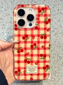 防震樱桃图案时尚全屏樱桃心形红色网格图案果冻糖果手机壳，兼容 17 Pro Max、17 Pro、16 Pro Max、15、14 Pro、13、12 Pro、14 Plus、16 Plus、17 Air、11、13，柔软后盖，春季礼物 - 紅色 - 查看 4