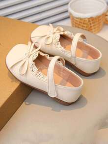 1 Pair Girls' Simple Design Princess Flat Shoes, Soft Bottom Non-Slip Children's Small Leather Shoes, Sweet Style, Suitable For Spring And Autumn - بيج - مشاهدة 3