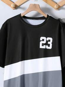 2件套青少年撞色23号印花短袖T恤和运动裤，休闲运动套装，适合日常、上学和轻度社交场合，春夏款 - 彩色 - 查看 9