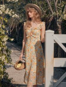 Simple Retro Đầm dài dáng suông cổ vuông thắt eo phối màu dành cho nữ mùa xuân hè, họa tiết hoa toàn thân màu vàng, lãng mạn, thanh lịch, cổ điển, ôm sát. - Màu vàng - Xem 6