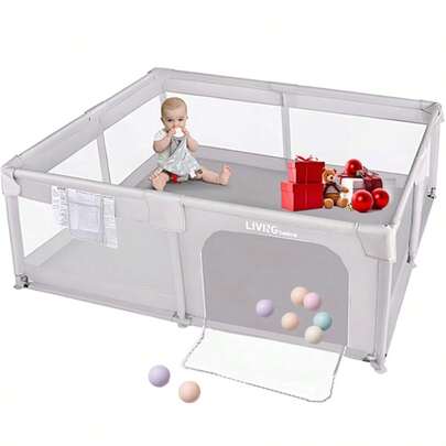 73" X 61" Extra Large Baby Playpen With Zipper Door And Breathable Mesh Walls, Sturdy Play Yard For Indoor And Outdoor Use, Light Grey