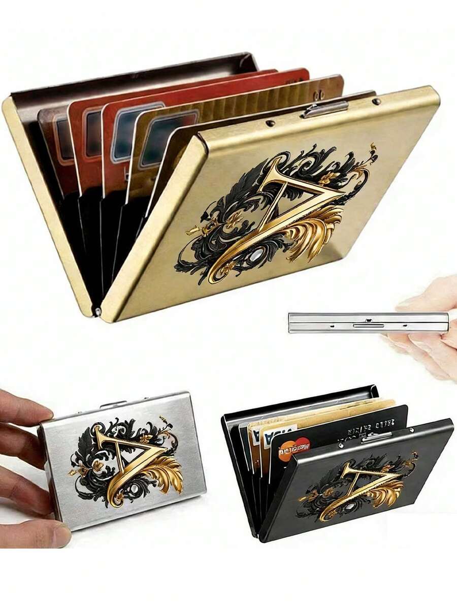 Premium Stainless Steel RFID Blocking Metal Letter A-Z Pattern Wallet For Men - Stylish Black Metallic Card Holder With Multi-Compartment Design, Perfect Father's Day Gift | Polished Finish & Silvery Tone, Women's Metal Card Case - Multicolor - View 1