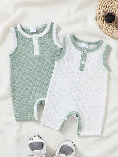 2pcs/Set Baby Boy Knitted Romper, Textured Jacquard Contrast Color Design, Crew Neck Sleeveless Half-Zip Jumpsuit, Casual Comfortable Versatile, Suitable For Spring/Summer Outdoor Wear