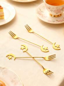 2/4/6/8/12件套不锈钢餐具，月亮和星星图案，适合下午茶和甜点，斋月礼物 - 金色 - 查看 6