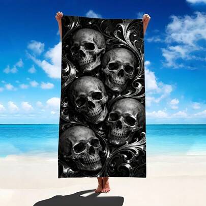 1 pieza Toalla de playa gris con estampado de calavera, manta de playa extra grande de microfibra súper suave, toalla de baño muy absorbente, adecuada para viajes, piscina, buceo, surf, yoga, camping, disponible en varios tamaños, accesorios de playa para playa, piscina, viajes, camping, yoga, decoración de baño