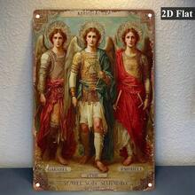 2D Flat, 1pc Vintage Archangels Gabriel Michael Raphael Metal Wall Art - 2D Flat Iron Tin Sign With 3 Angels, Weather-Resistant Indoor/Outdoor Hanging Decoration, Gothic Style Religious Decor For Home, Bar, Cafe - White - View 1