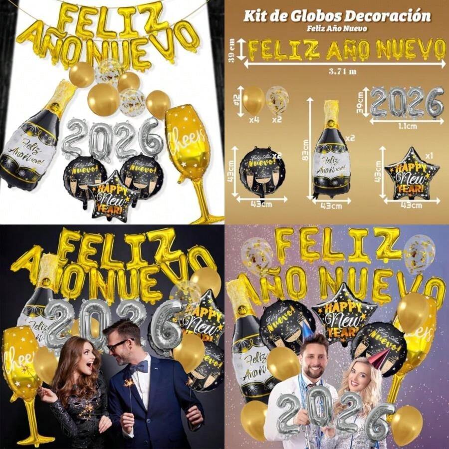 Kit Globos Metálicos Letrero Letras Decoración Fiesta Feliz Año Nuevo 2026 Botella y Copa Globos Latex Lentejuela Dorada 28 Pzas(default) - Multicolor - Ver 1