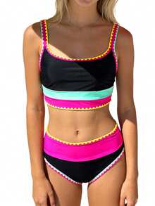 Women's High Waisted Bikini Set Fashion Contrast Color Sporty Two Piece Tummy Control Bathing Suit For Beach Pool - Black - View 7