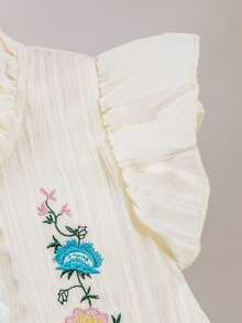 Girls' Ruched Cap Sleeve Top, Colorful Floral Embroidery + Pearl Buttons, Soft Peter Pan Collar Breathable Blouse, Summer - Beige - View 7