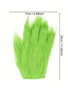 A Pair Of Green Plush Monster Gloves With Feather Extensions - Retro-Style Costume Props, Role-Playing Photography Props, Washable, Costume Props: Retro-Style Gloves: Plush Texture Gloves - Green - View 2