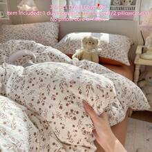 Simple Style Duvet Cover Set, White Floral Bedding Set, Botanical Fresh Wild Flower Print Set, Garden Theme Includes 1 Duvet Cover, 1 Flat Sheet, And 1/2 Matching Pillowcases, Soft & Lightweight Chiffon Duvet Cover Set, Airy & Breathable - Mocha Brown - View 6