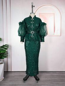 Newly Designed Beadwork Evening Dress For Ladies, African Women's Large-Sized Coat, High-Waisted Dress Set, Two-Piece Set, Goddess Dress, Birthday Party Dress - 綠色 - 查看 8