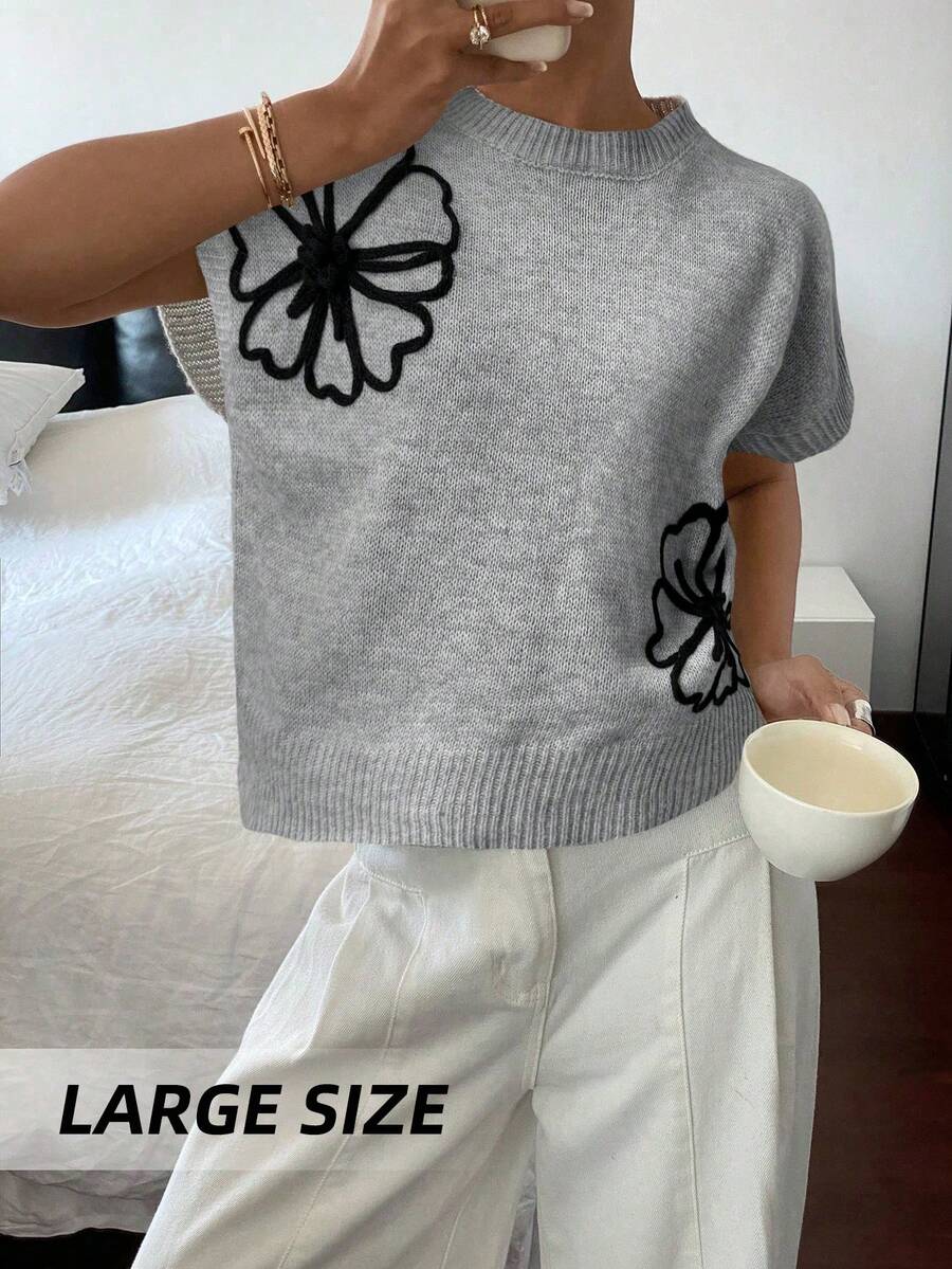 Women's Summer New Slimming Casual Ins Style Daily Versatile Layerable Black Embroidered Gray Crew Neck Sleeveless Knit Top - Multicolor (gray) - View 1